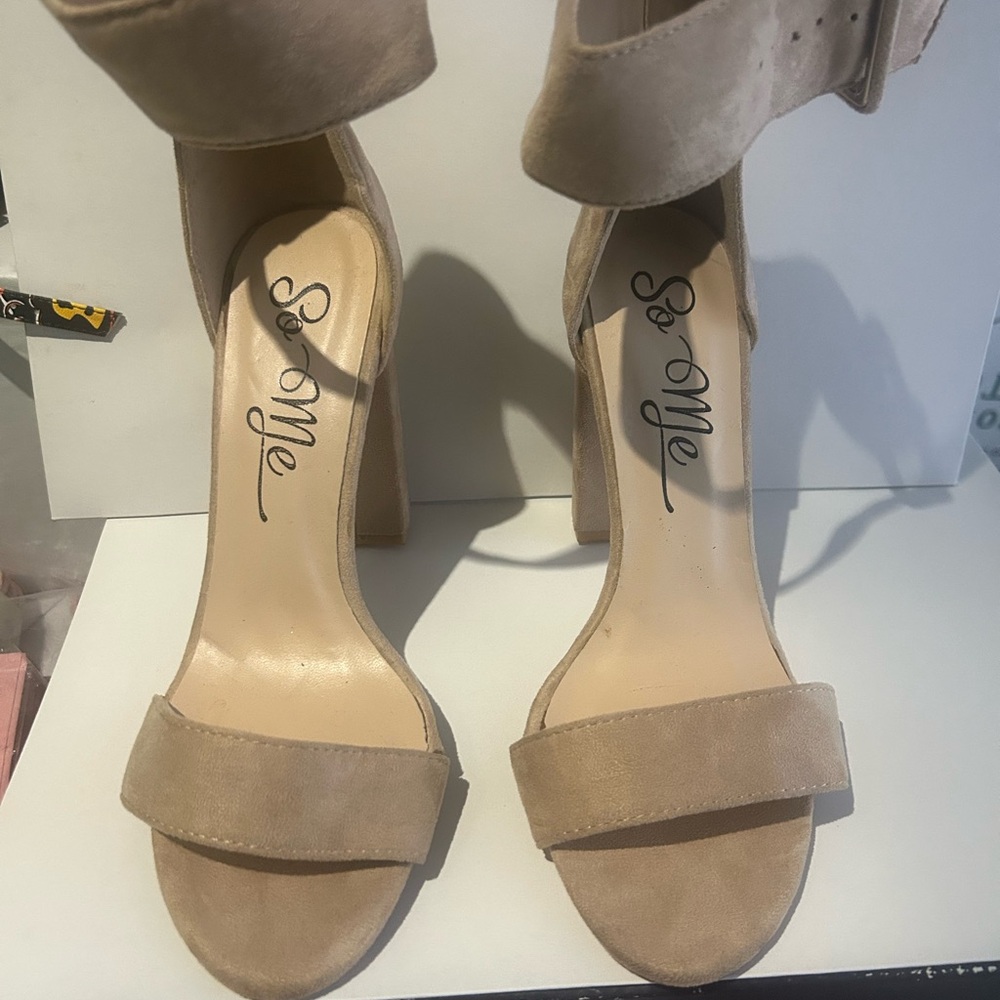 So Me Nude Suede Block Heel Sandals - Neutral Ankle Strap